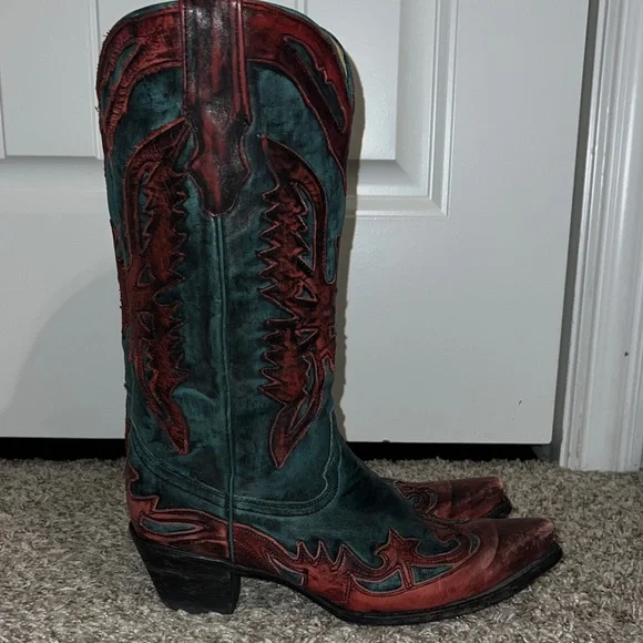 Corral Distressed Turquoise and Red Eagle Boots - Picture 4 of 12
